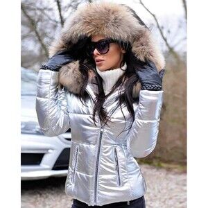 Aofur Womens Quilted Metallic Faux Fur Collar Hooded Puffer Jacket Size Small